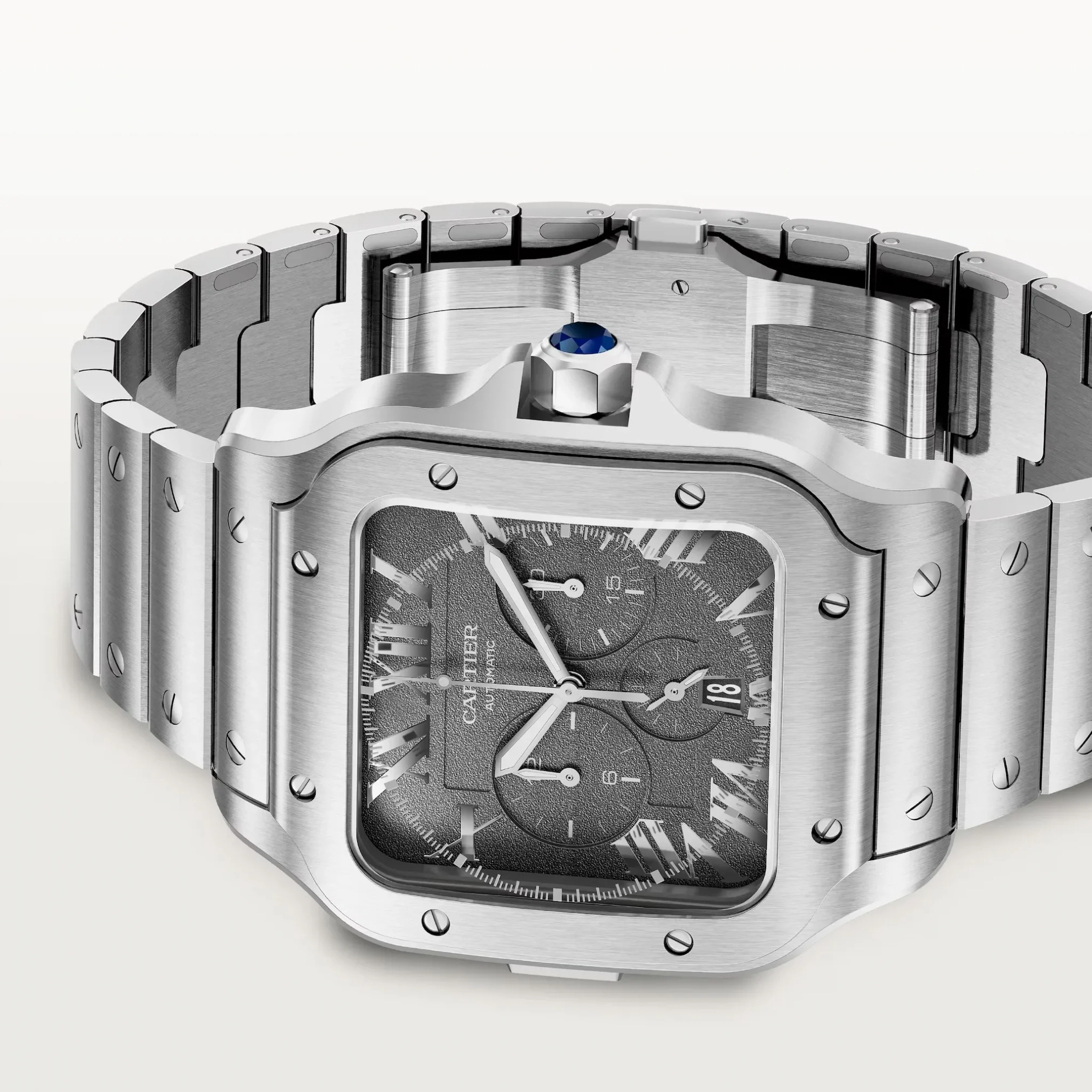 Đồng hồ Cartier Santos De Cartier Japanese Limited Edition WSSA0078 với mặt số màu xám. Dây đeo bằng thép và cao su. Thân vỏ bằng thép.