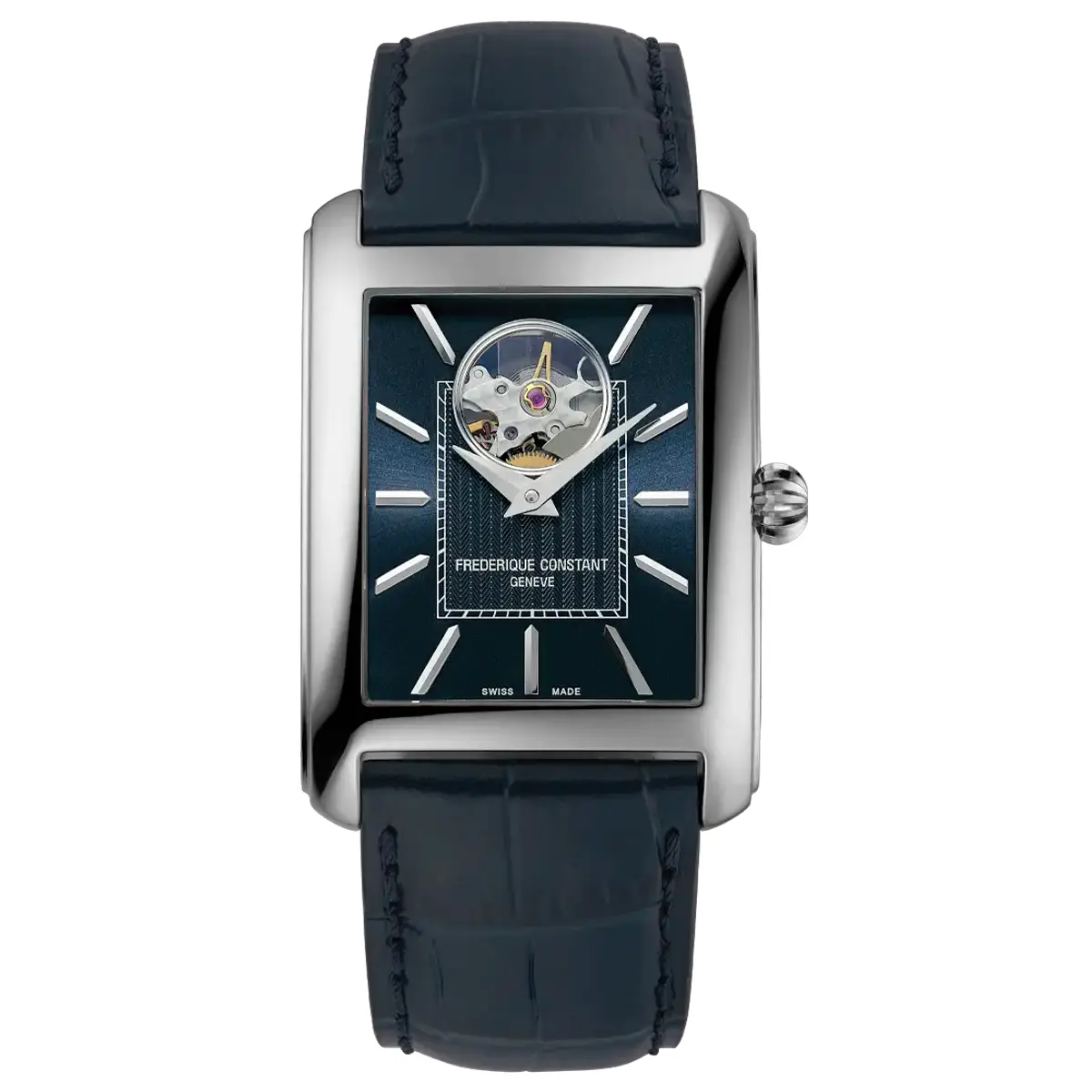 Đồng hồ Frederique Constant Classics Carree Heart Beat FC-311N4C6 với mặt số màu xanh. Dây đeo bằng da. Thân vỏ bằng thép.