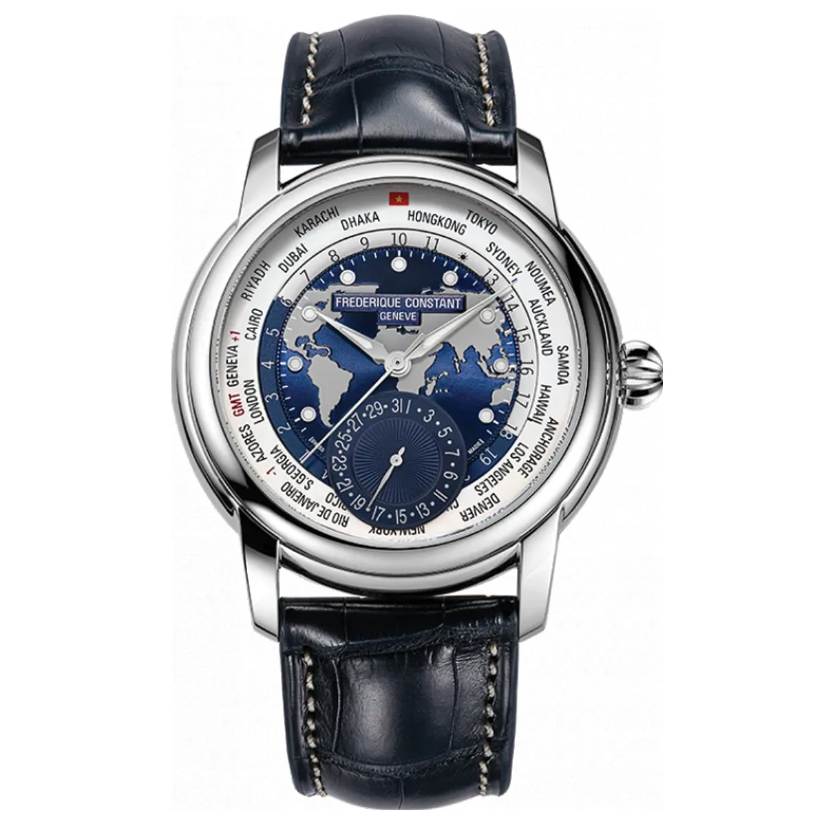 Đồng hồ Frederique Constant Worldtimer Vietnam Limited Edition FC-718WNWM4H6 với mặt số màu trắng xanh. Dây đeo bằng da. Thân vỏ bằng thép.