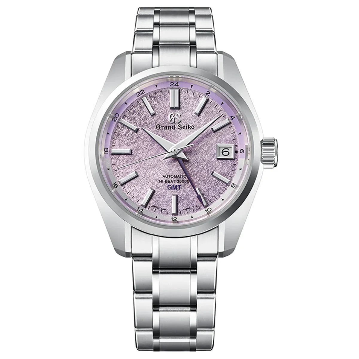 Đồng hồ Grand Seiko Heritage Asia Pacific Limited Edition SBGJ285 với mặt số màu tím. Dây đeo bằng thép và da. Thân vỏ bằng thép