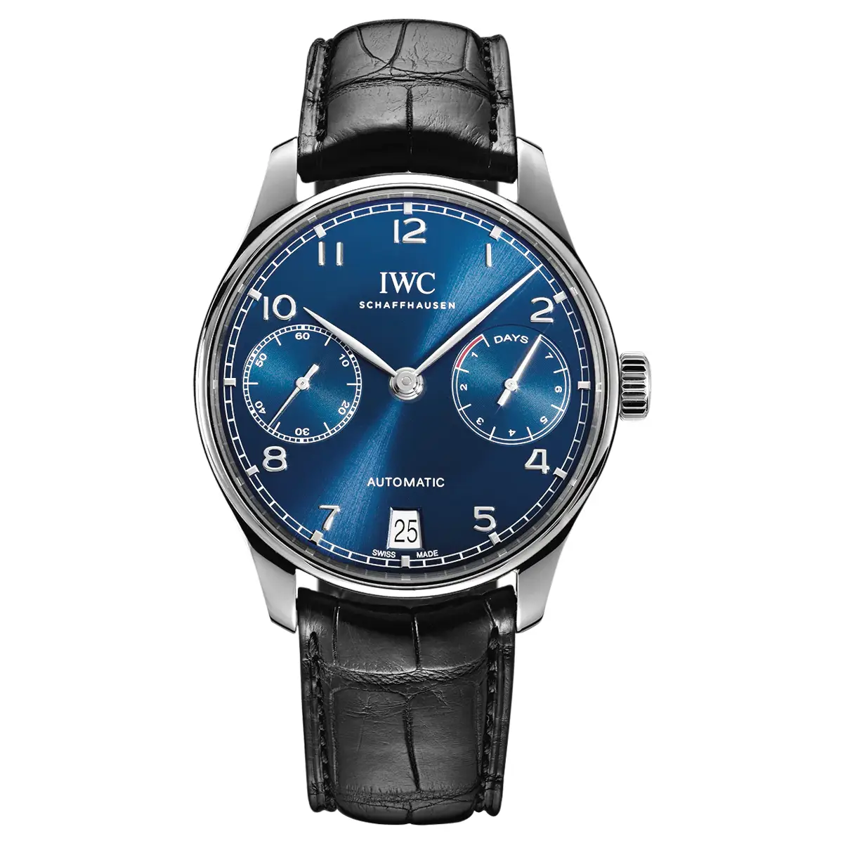 Đồng hồ IWC Portugieser Automatic IW358303 với mặt số màu xanh. Dây đeo bằng da. Thân vỏ bằng thép.