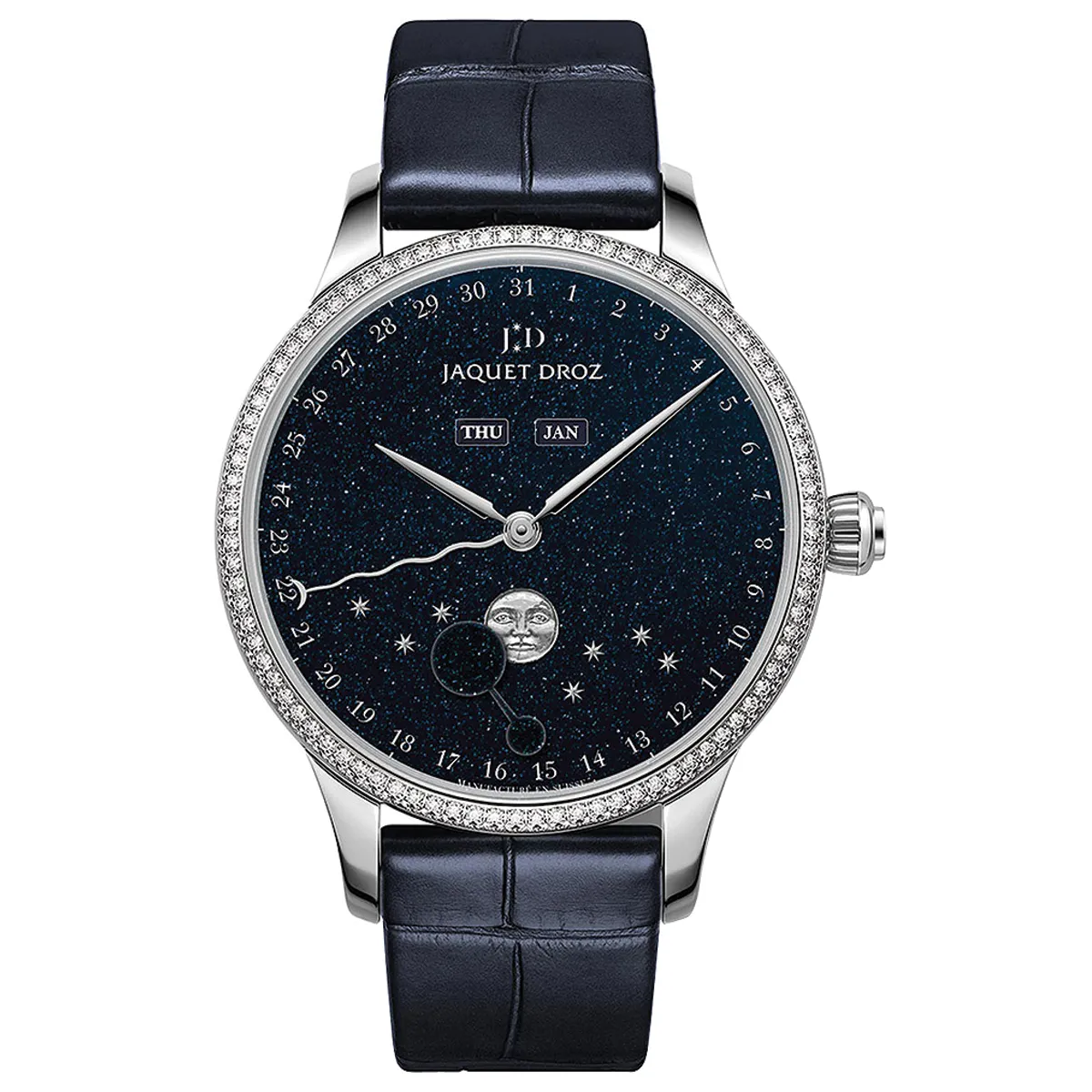 Đồng hồ Jaquet Droz Astrale Eclipse Aventurine J012610271 với mặt số màu xanh. Dây đeo bằng da. Thân vỏ bằng thép.