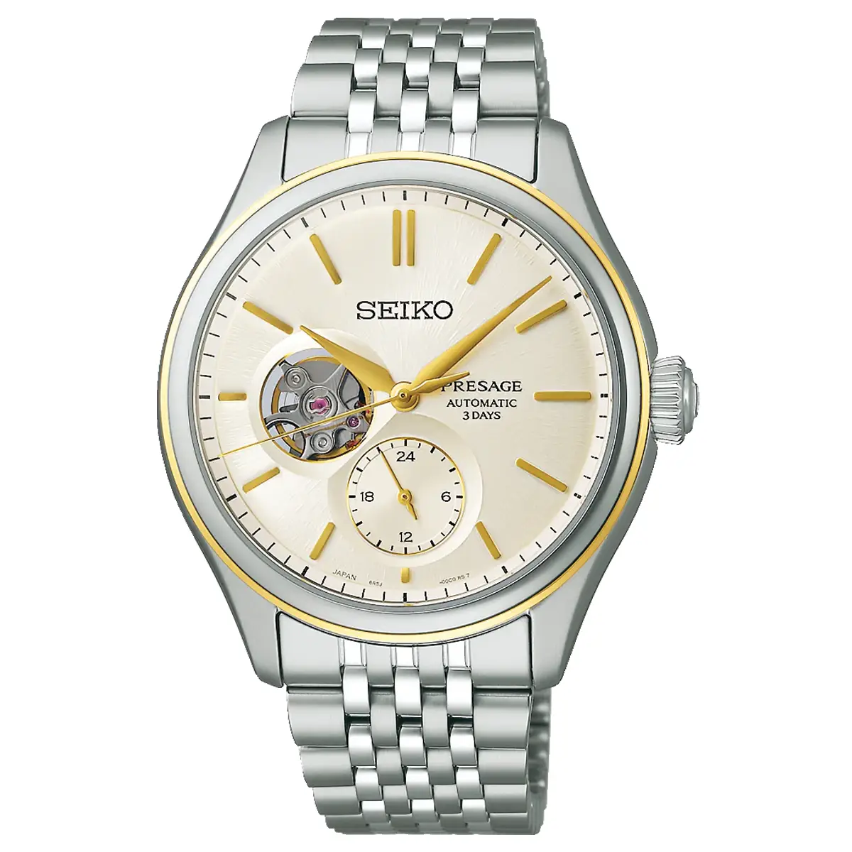 Đồng hồ Seiko Presage Classic Series Open Heart in Delicate Cream Silk SARJ010 (SPB480) với mặt số màu vàng nhạt. Dây đeo bằng thép. Thân vỏ bằng thép.