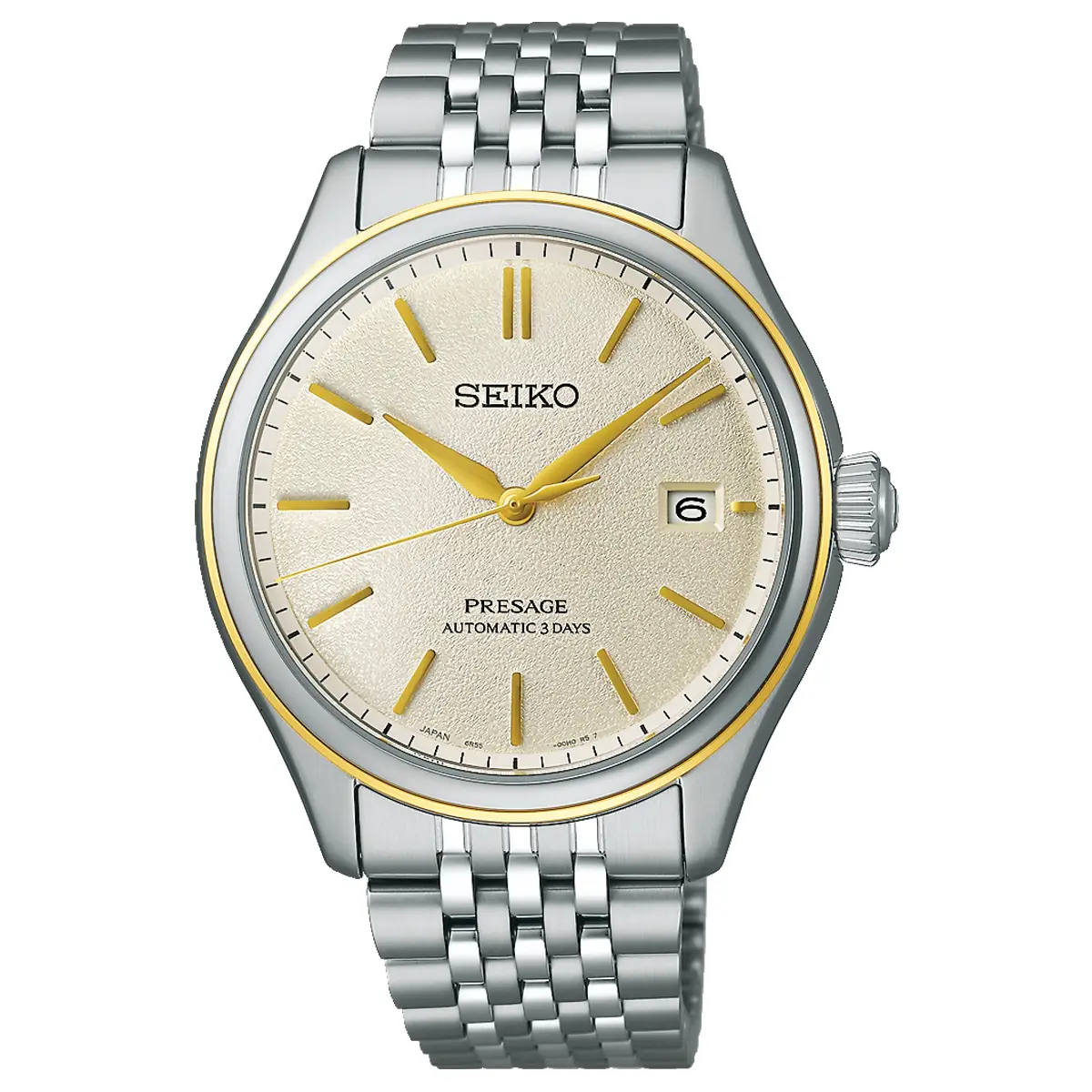 Đồng hồ Seiko Presage Classic Series Seiko in Delicate Cream Silk SARX126 (SPB478) với mặt số màu vàng nhạt. Dây đeo bằng thép. Thân vỏ bằng thép.