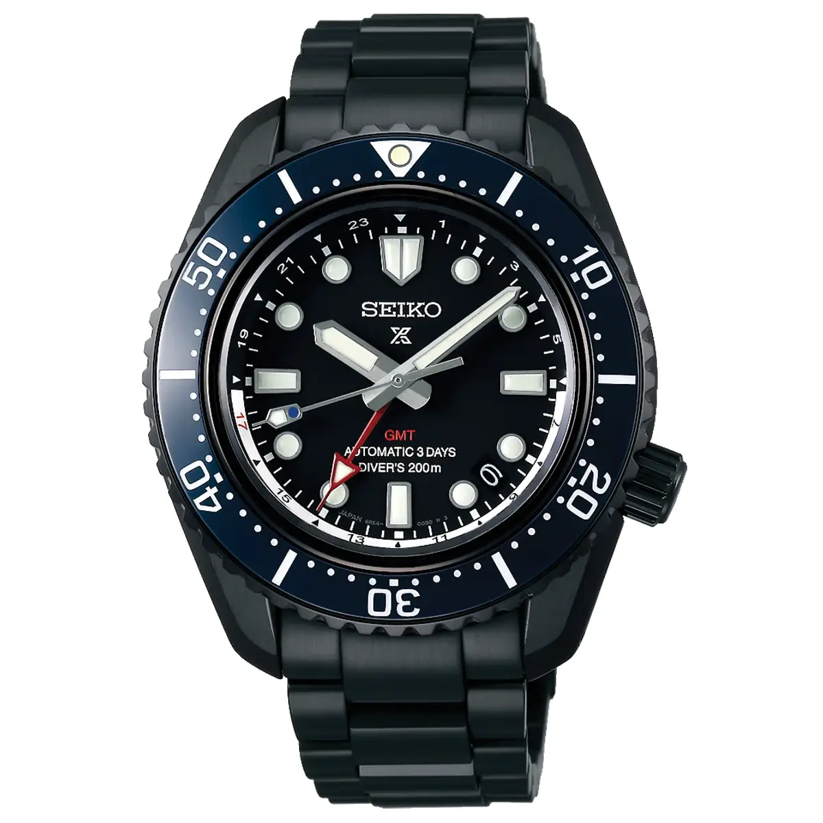 Đồng hồ Seiko Prospex 1968 Heritage GMT Shohei Otani Limited SBEJ023 với mặt số màu đen. Dây đeo bằng thép mạ PVD black. Thân vỏ bằng thép mạ PVD black.