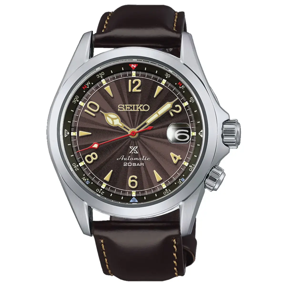 Đồng hồ Seiko Prospex Alpinist Whiskerred Pitta The 5th Philippine Limited Edition SPB491 SPB491J1 với mặt số màu nâu. Dây đeo bằng thép và da. Thân vỏ bằng thép.