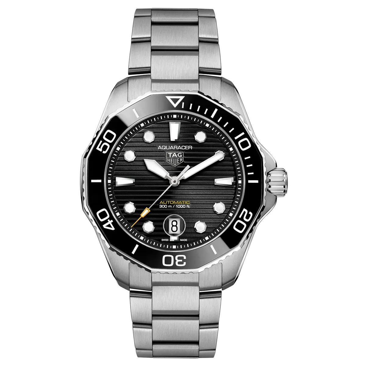 Đồng hồ Tag Heuer Aquaracer Professional 300 Date WBP201A.BA0632 với mặt số màu đen. Dây đeo bằng thép. Thân vỏ bằng thép.