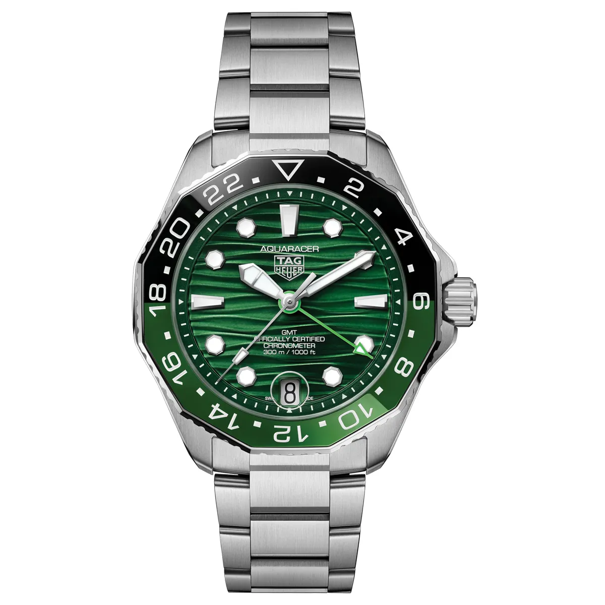 Đồng hồ Tag Heuer Aquaracer Professional 300 GMT WBP5115.BA0013 với mặt số màu xanh. Dây đeo bằng thép. Thân vỏ bằng thép.