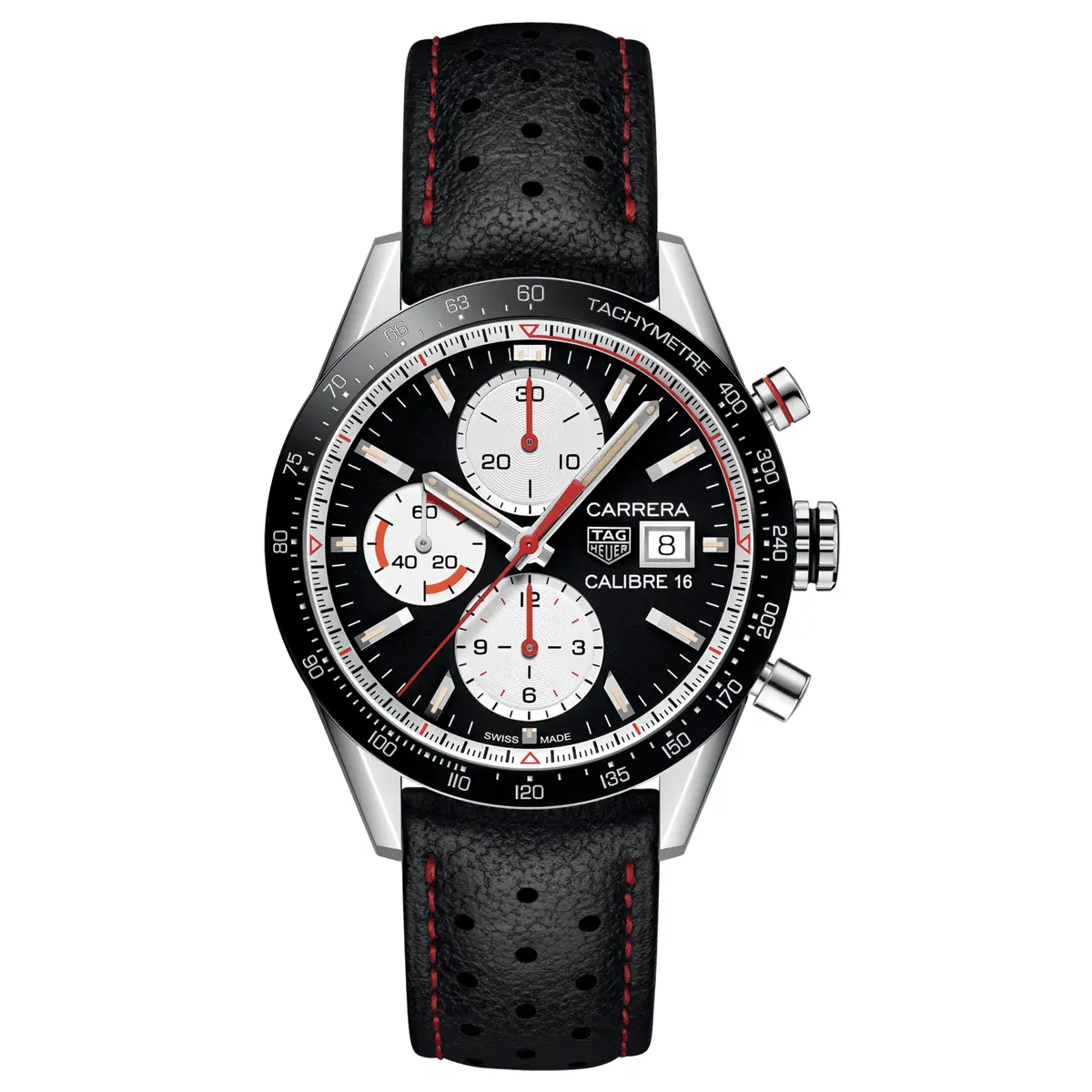 Đồng hồ Tag Heuer Carrera Chronograph CV201AP.FC6429 với mặt số màu đen. Dây đeo bằng da. Thân vỏ bằng thép.