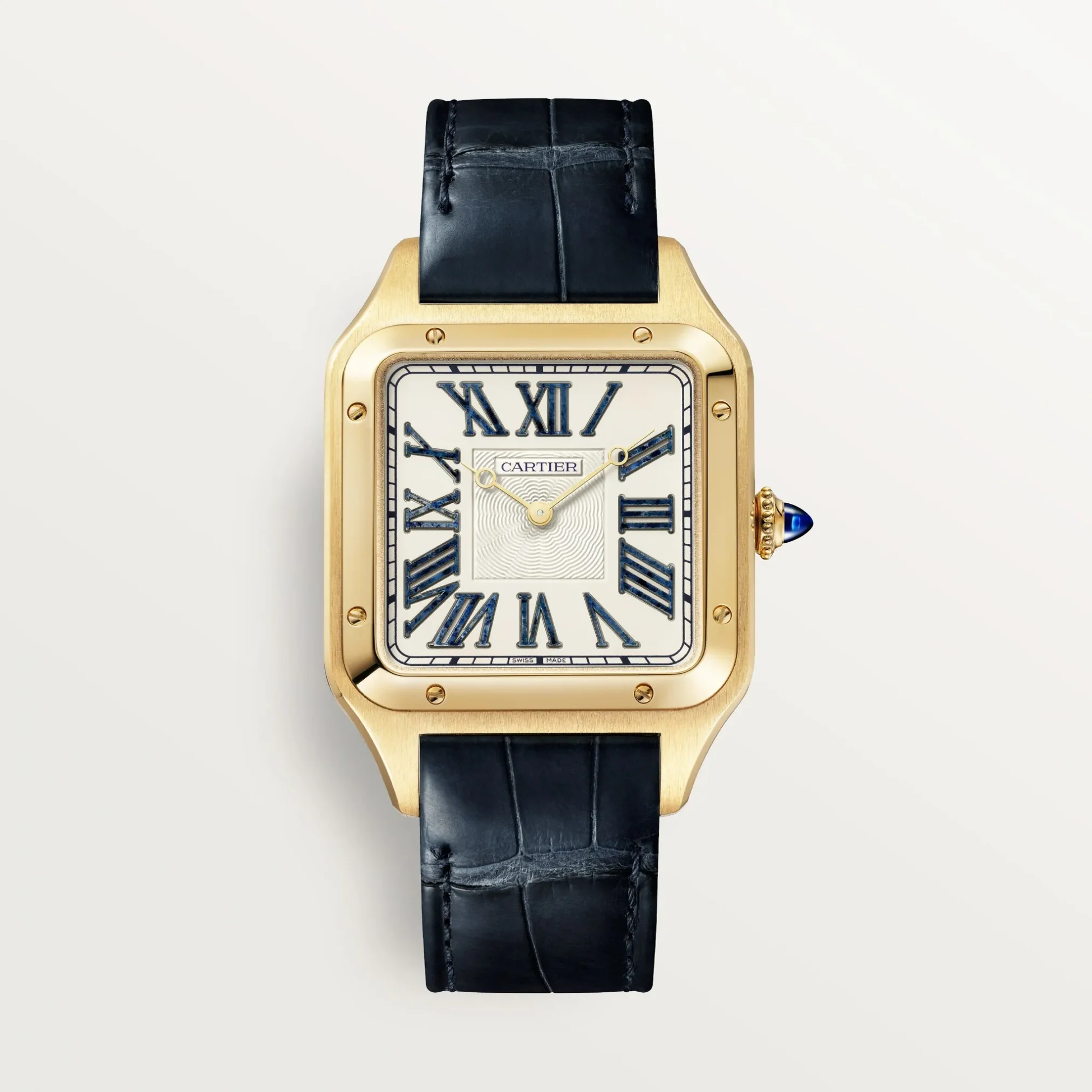 Đồng hồ Cartier Santos-Dumont XL WGSA0084 với mặt số màu bạc. Dây đeo bằng da. Thân vỏ bằng vàng khối 18kt.