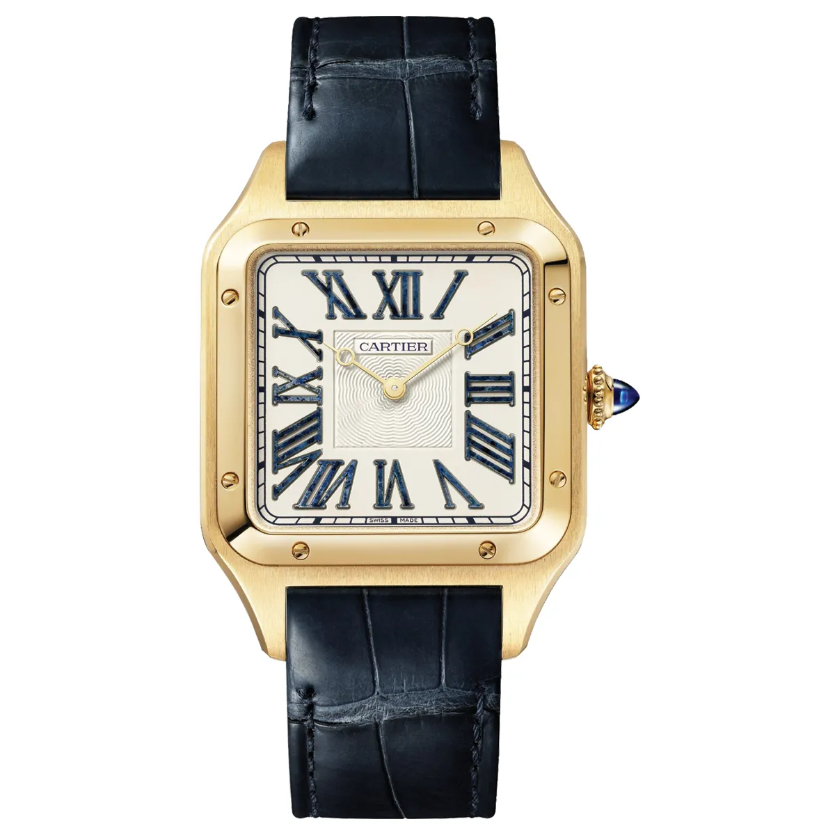 Đồng hồ Cartier Santos-Dumont XL WGSA0084 với mặt số màu bạc. Dây đeo bằng da. Thân vỏ bằng vàng khối 18kt.