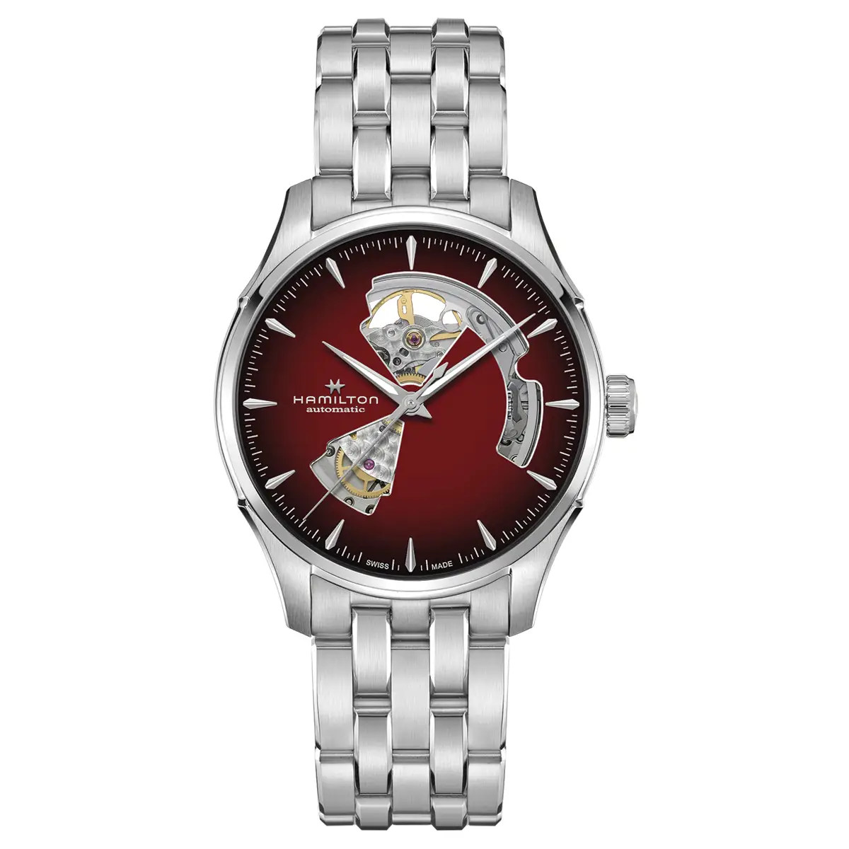 Đồng hồ Hamilton Jazzmaster Open Heart Automatic H32675170 với mặt số màu đỏ. Dây đeo bằng thép. Thân vỏ bằng thép.