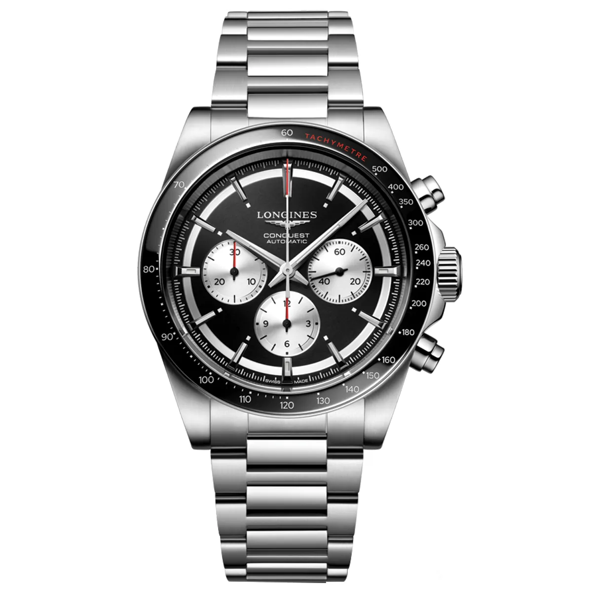 Đồng hồ Longines Conquest Chronograph L3.835.4.52.6 với mặt số màu đen. Dây đeo bằng thép. Thân vỏ bằng thép.