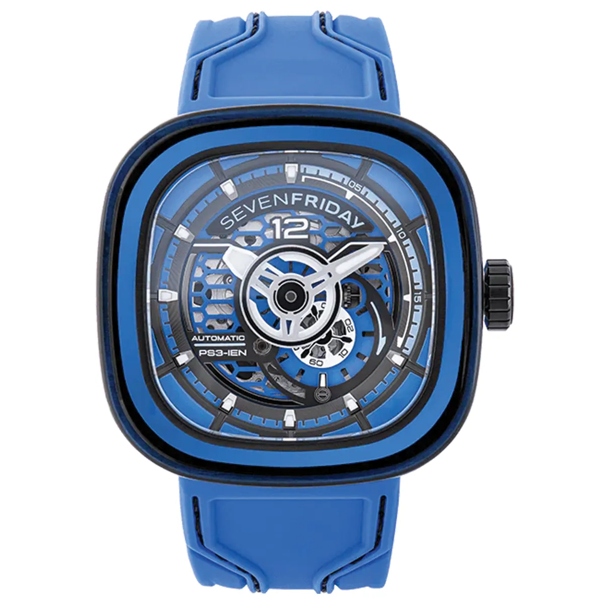 Đồng hồ PS Series | SevenFriday PS3/04 AKA “CCB” với mặt số màu xanh. Dây đeo bằng cao su. Thân vỏ bằng thép.