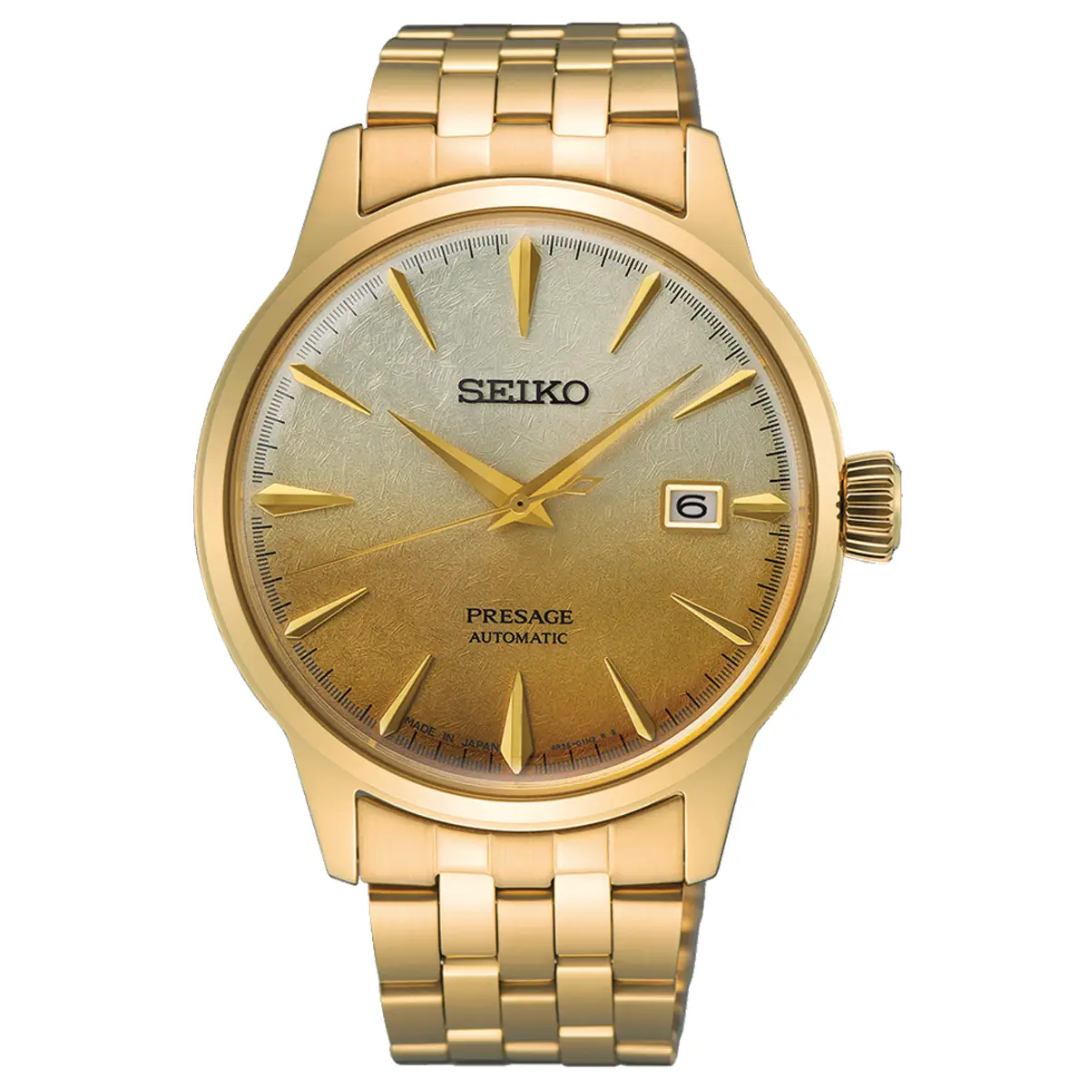 Đồng hồ Seiko Presage Cocktail Time SRPK46 (SRPK46J1) với mặt số màu vàng. Dây đeo bằng thép mạ yellow gold. Thân vỏ bằng thép mạ yellow gold.