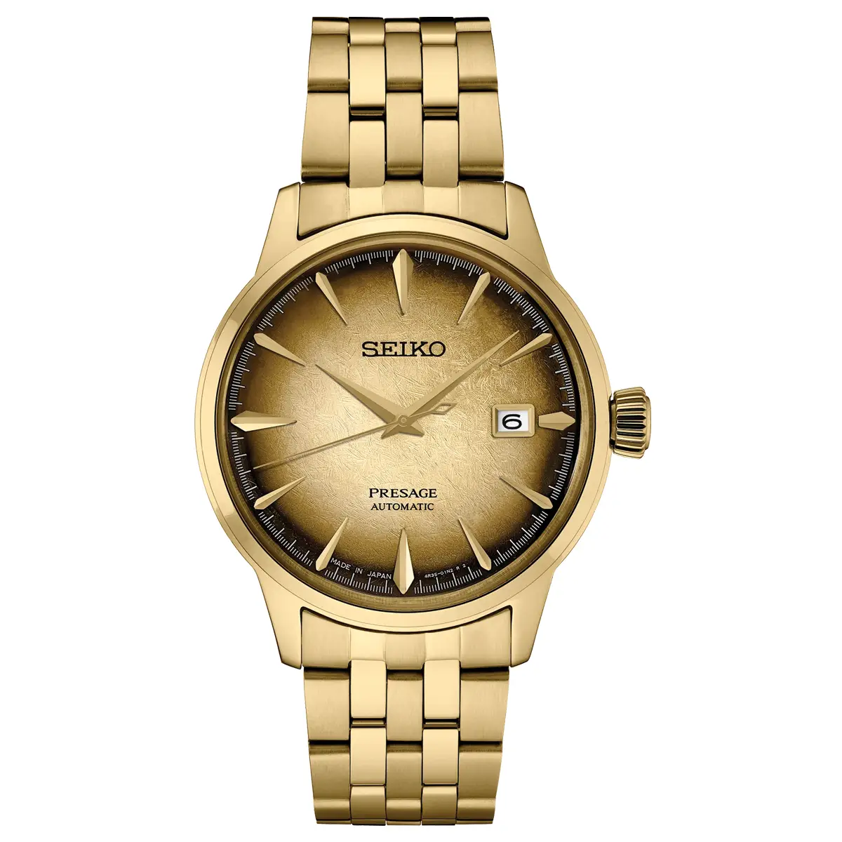 Đồng hồ Seiko Presage Cocktail Time SRPK48J1 (SRPK48) với mặt số màu vàng. Dây đeo bằng thép mạ PVD yellow gold. Thân vỏ bằng thép mạ PVD yellow gold.