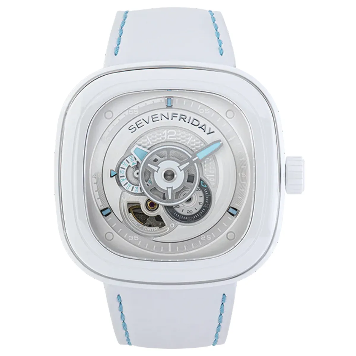 Đồng hồ SevenFriday P-Series | P1C/05 Curacao với mặt số màu trắng. Dây đeo bằng da. Thân vỏ bằng White Ceramic.