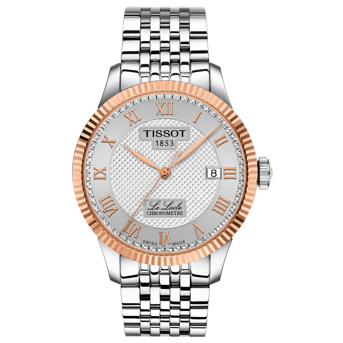 Đồng hồ Tissot Le Locle COSC 39MM 18K Gold Bezel T932.408.41.033.00 với mặt số màu bạc. Dây đeo bằng thép. Thân vỏ bằng thép.