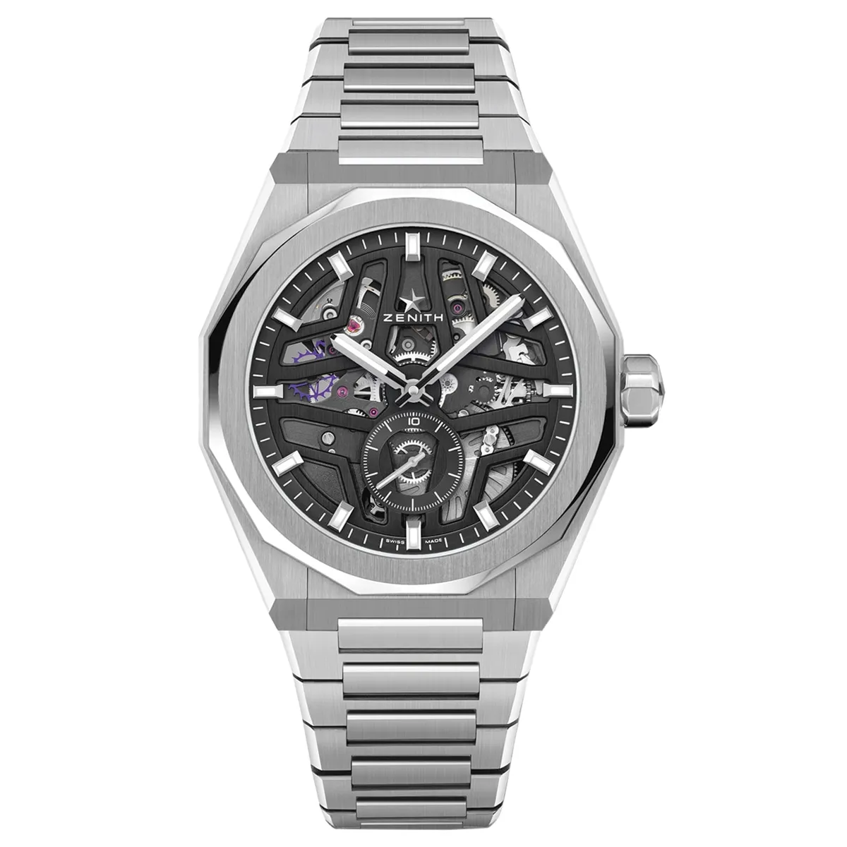 Đồng hồ Zenith Defy Skyline Skeleton 03.9300.3620/78.I001 với mặt số màu đen. Dây đeo bằng thép và cao su. Thân vỏ bằng thép.