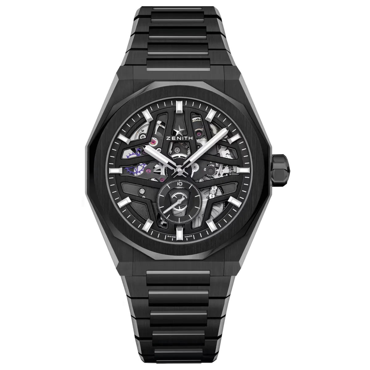 Đồng hồ Zenith Defy Skyline Skeleton 49.9300.3620/78.I001 với mặt số màu đen. Dây đeo bằng black ceramic và cao su. Thân vỏ bằng black ceramic.