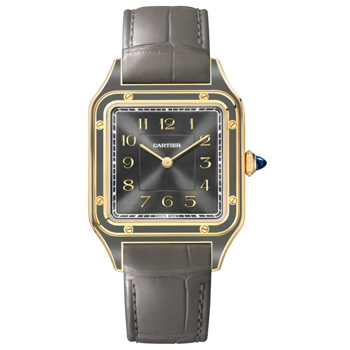 Đồng hồ Cartier Santos-Dumont Large Model Watch WGSA0097 với mặt số màu xám. Dây đeo bằng da. Thân vỏ bằng vàng khối 18k.