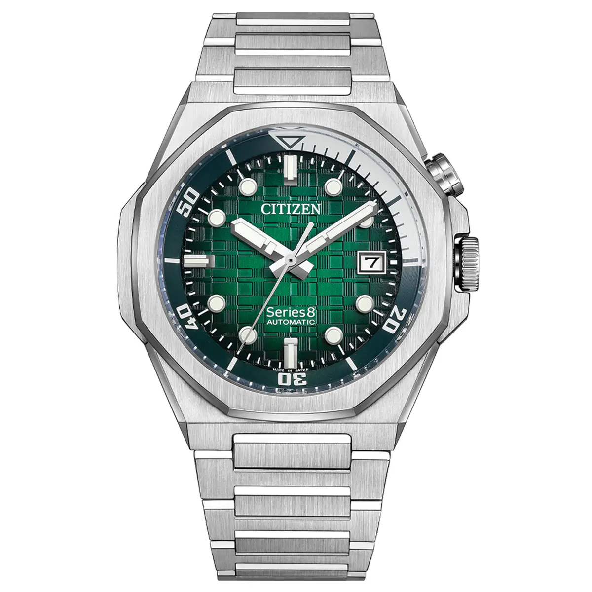 Đồng hồ Citizen Series 8 890 Mechanical NB6060-58X với mặt số màu xanh. Dây đeo bằng thép. Thân vỏ bằng thép.