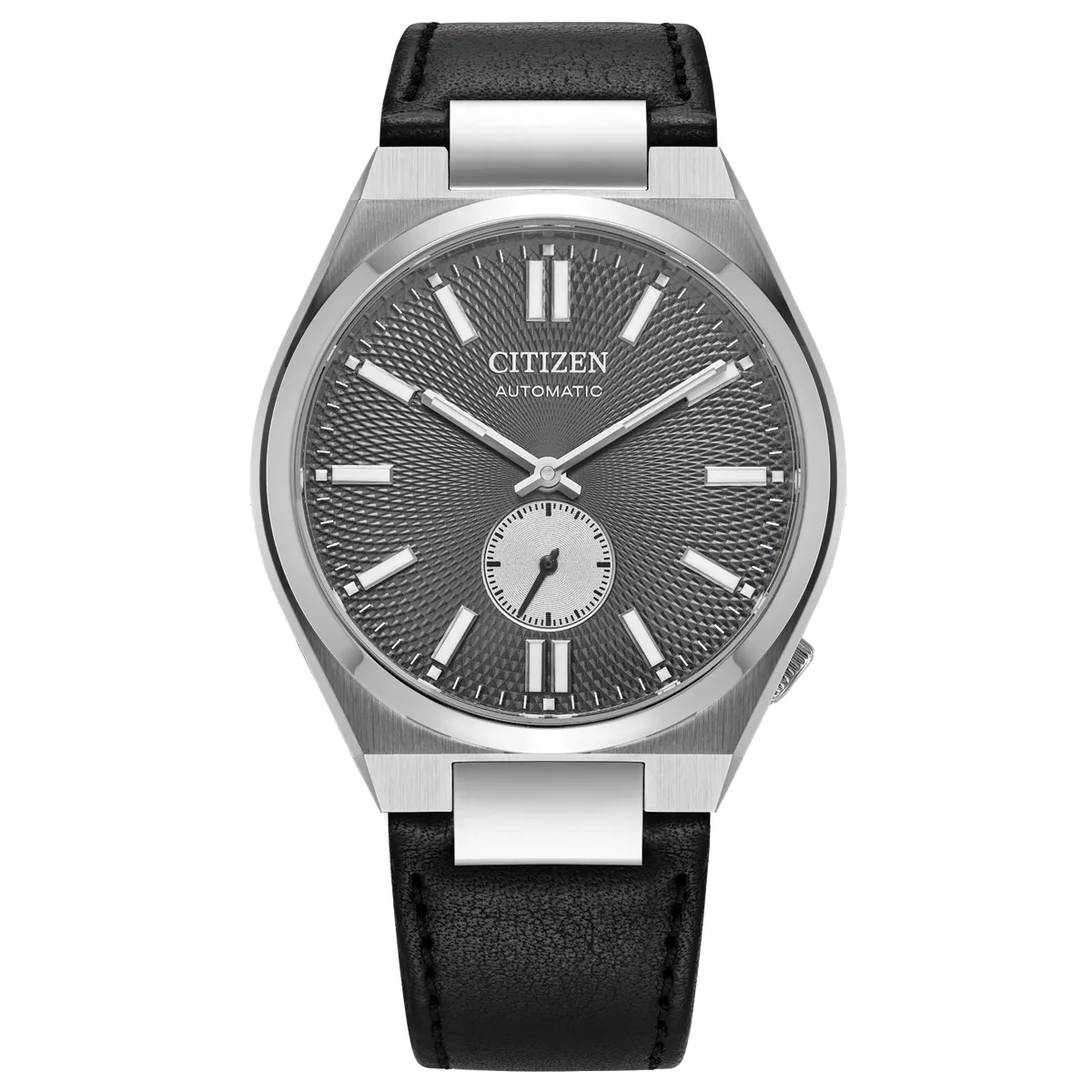 Đồng hồ Citizen Tsuyosa Small Second Automatic NK5010-01H với mặt số màu xám. Dây đeo bằng da. Thân vỏ bằng thép.