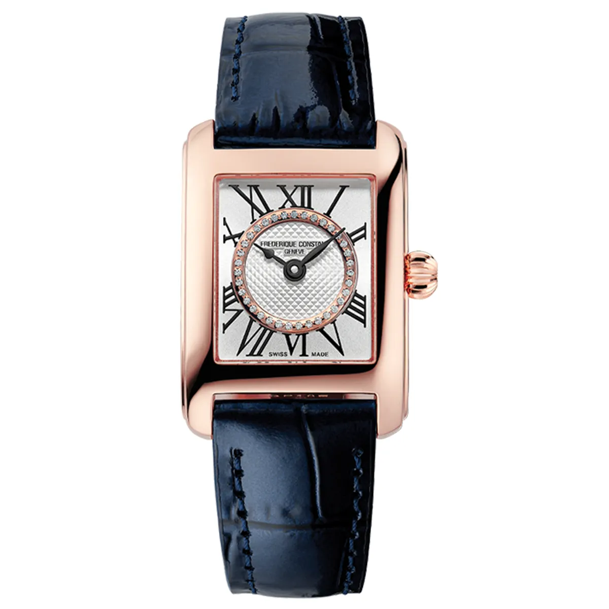 Đồng hồ Frederique Constant Carree Ladies FC-200MCDC14 với mặt số màu bạc. Dây đeo bằng da. Thân vỏ bằng thép mạ PVD rose gold.