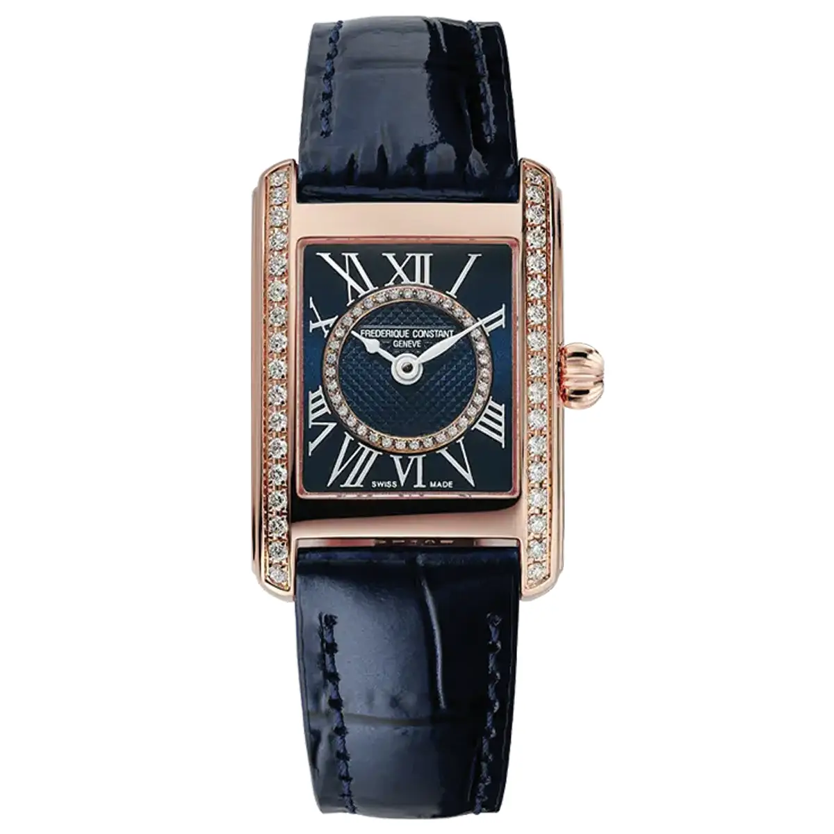 Đồng hồ Frederique Constant Classics Carree Ladies FC-200NMCDCD14 với mặt số màu xanh. Dây đeo bằng da. Thân vỏ bằng thép mạ PVD rose gold.