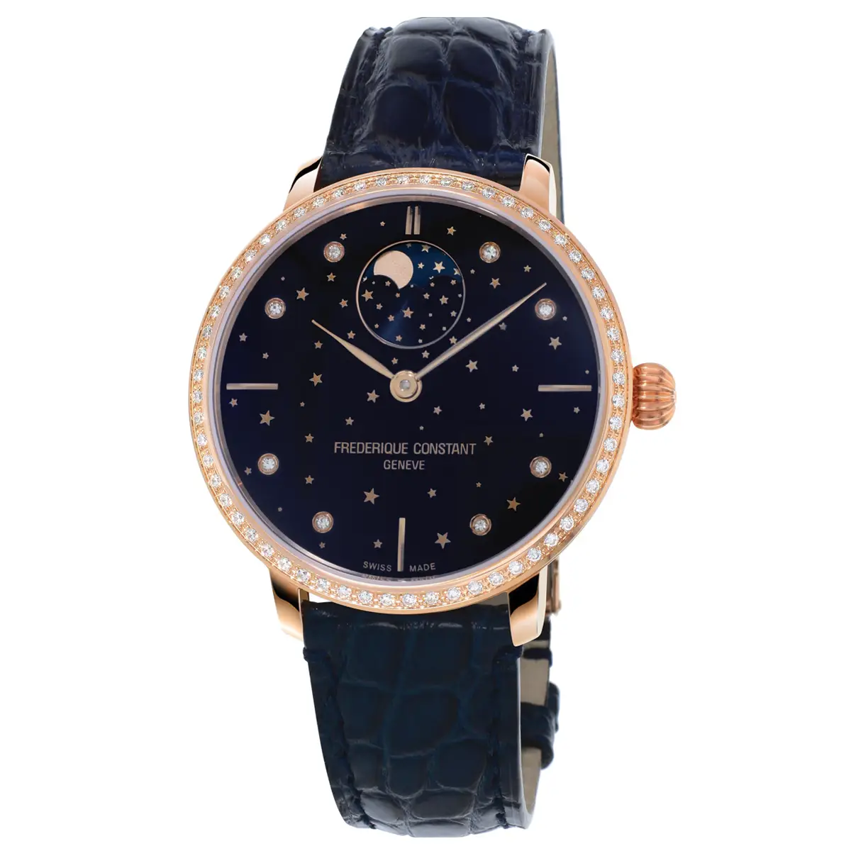 Đồng hồ Frederique Constant Slimline Moonphase FC-701NSD3SD4 với mặt số màu xanh. Dây đeo bằng da. Thân vỏ bằng thép mạ PVD rose gold.