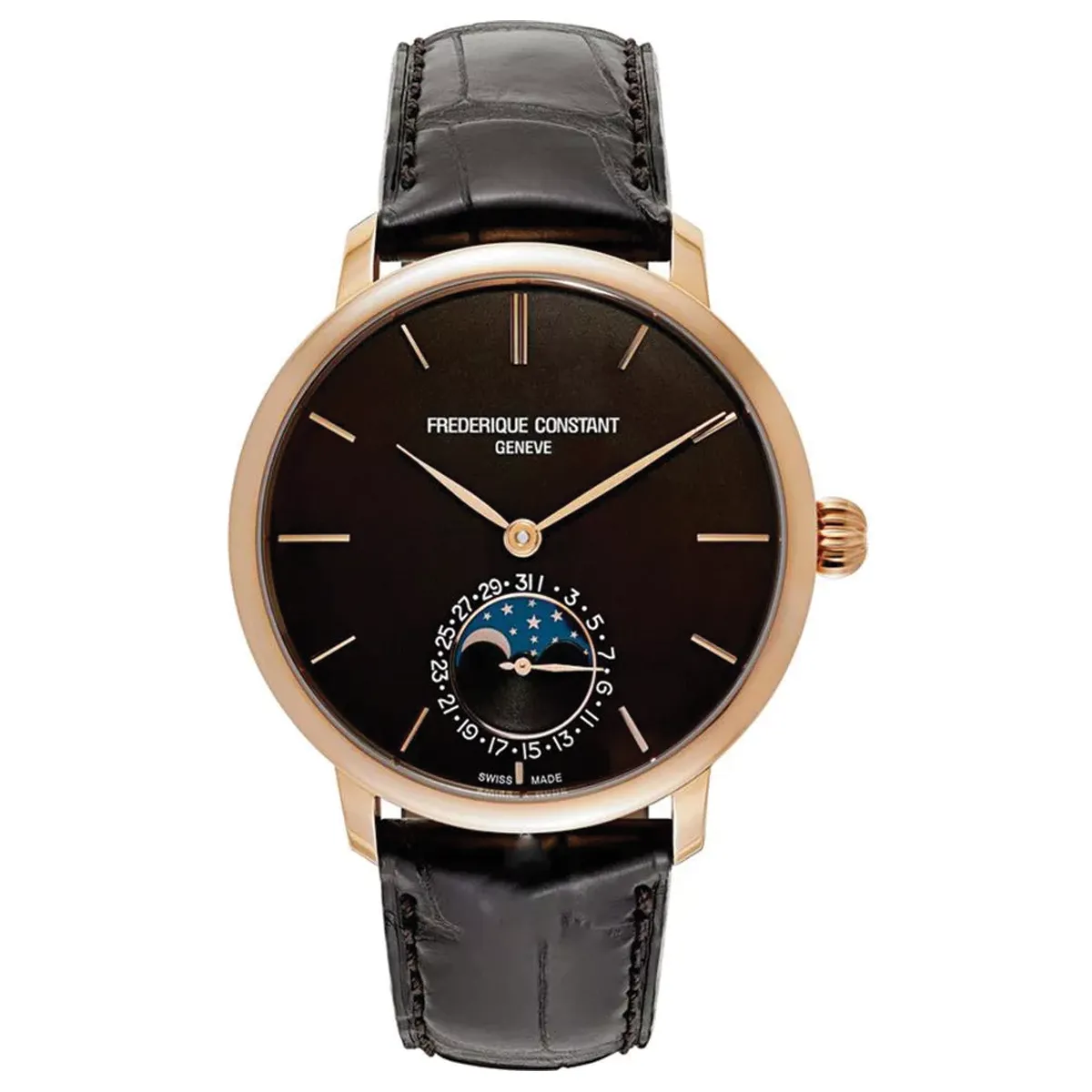 Đồng hồ Frederique Constant Slimline Moonphase FC-705C4S9 với mặt số màu đen. Dây đeo bằng da. Thân vỏ bằng vàng khối 18K.