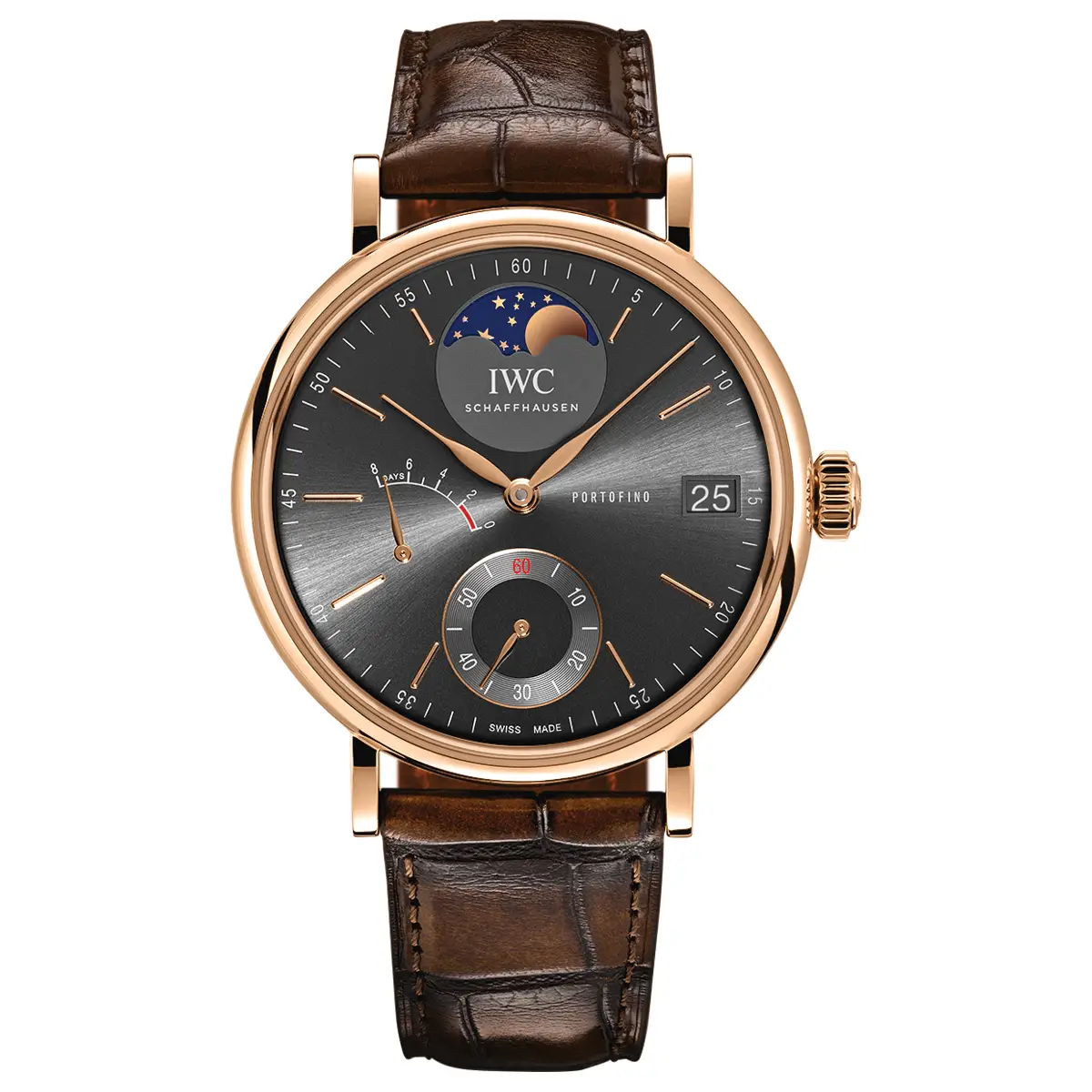 Đồng hồ IWC Portofino Hand-Wound Moonphase IW516403 với mặt số màu xám. Dây đeo bằng da. Thân vỏ bằng vàng khối 18K.