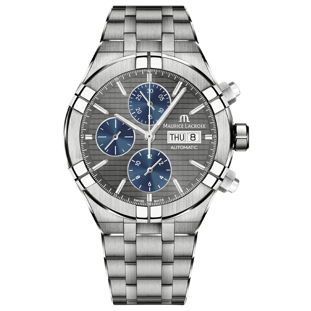 Đồng hồ Maurice Lacroix Aikon Automatic Chronograph Titanium AI6038-TT032-330-1 với mặt số màu xám. Dây đeo bằng titanium. Thân vỏ bằng titanium.