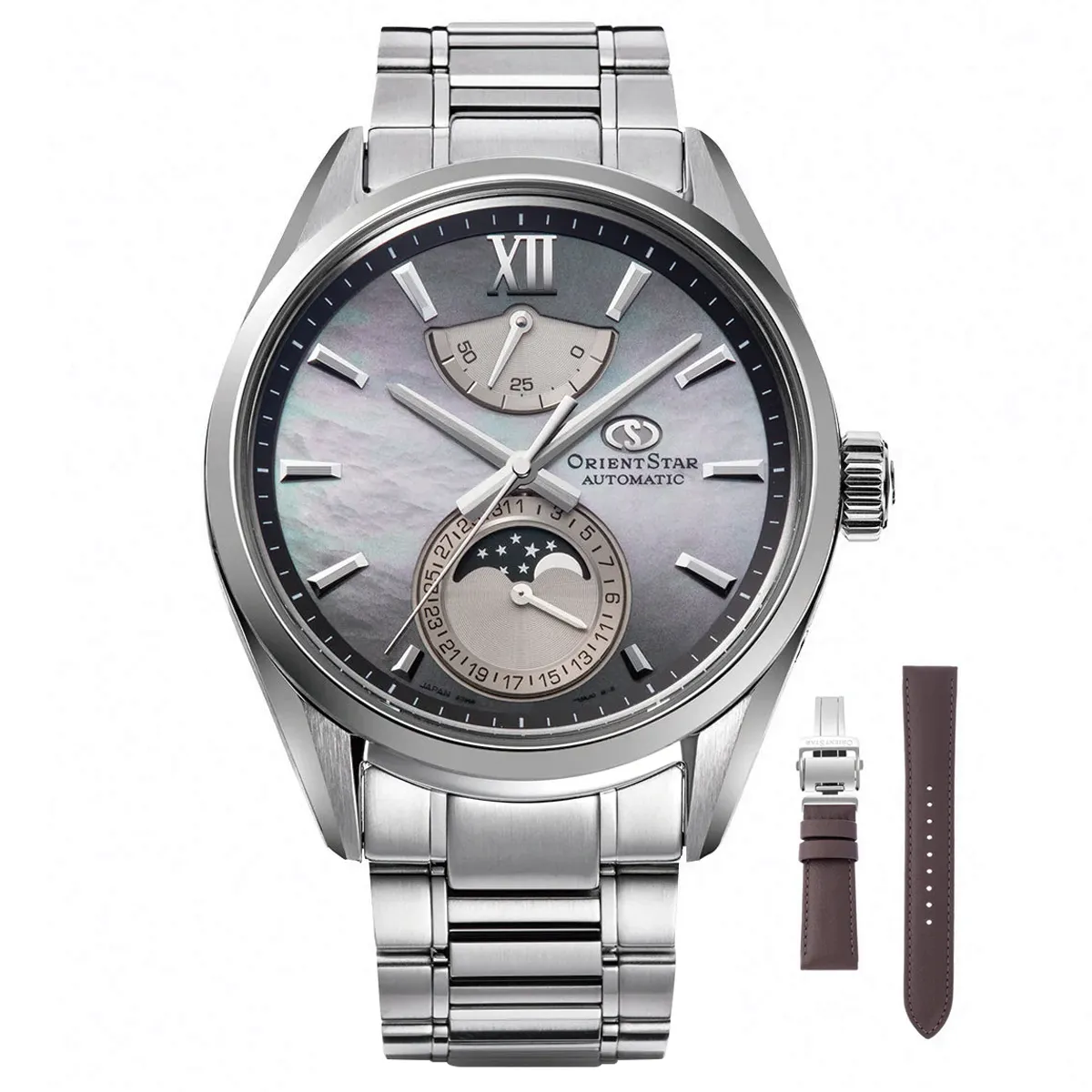 Đồng hồ Orient Star M34 F7 Mechanical Moon Phase Limited Edition RK-AY0201A với mặt số màu xà cừ. Dây đeo bằng thép và da. Thân vỏ bằng thép.