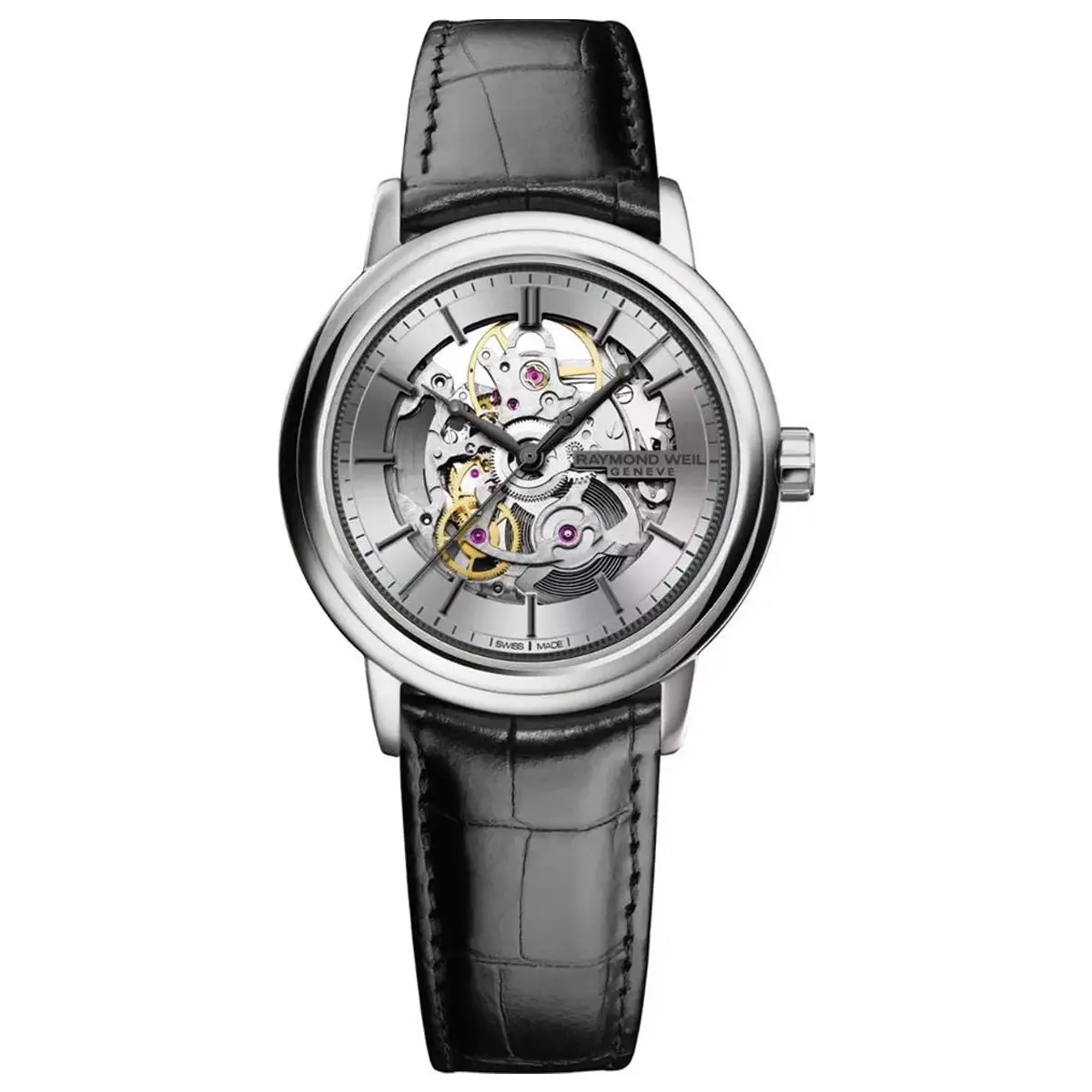 Đồng hồ Raymond Weil Maestro Automatic 2815-STC-65001 với mặt số màu trắng. Dây đeo bằng da. Thân vỏ bằng thép.