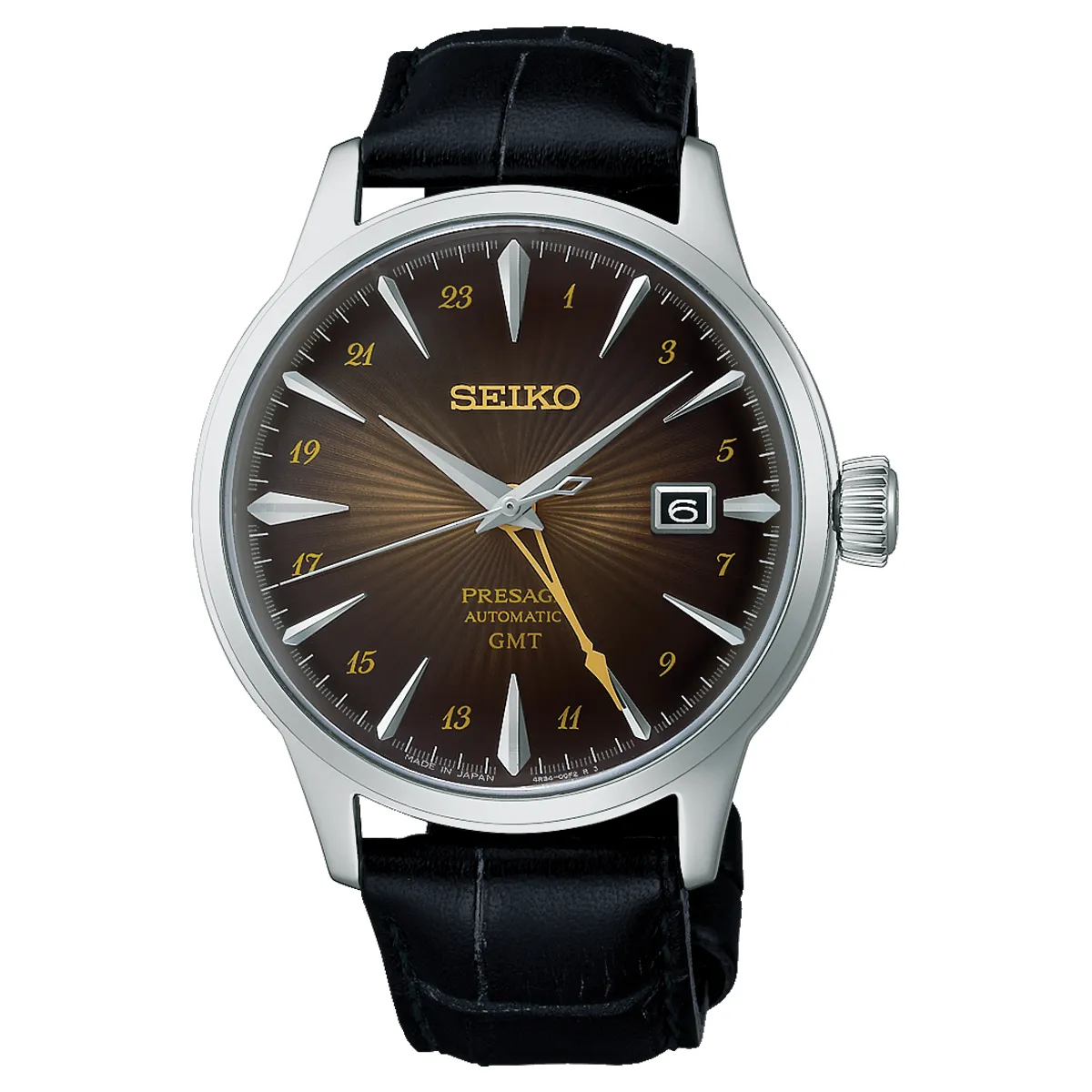 Đồng hồ Seiko Presage Cocktail Time GMT ‘Rusty Nail’ SARY243 (SSK039J1) với mặt số màu nâu. Dây đeo bằng da. Thân vỏ bằng thép.