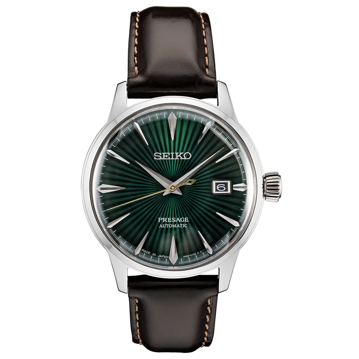 Đồng hồ Seiko Presage Cocktail Time Mockingbird Green SRPD37 (SRPD37J1) với mặt số màu xanh. Dây đeo bằng da. Thân vỏ bằng thép.