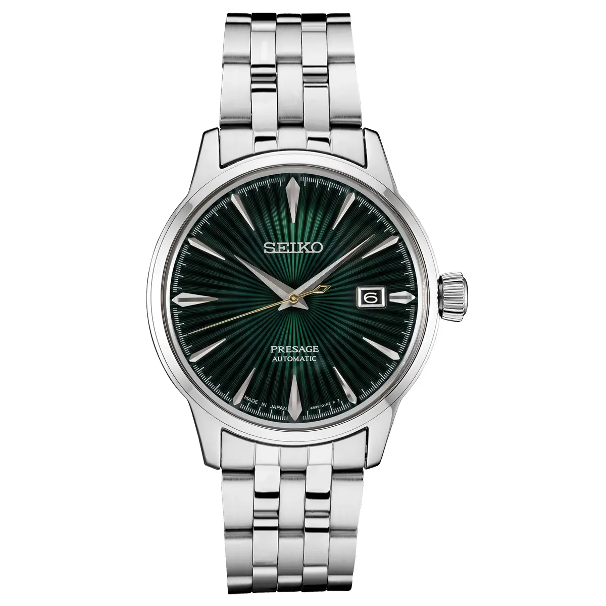 Đồng hồ Seiko Presage Cocktail Time Mockingbird Green SRPE15 (SRPE15J1) với mặt số màu xanh. Dây đeo bằng thép. Thân vỏ bằng thép.