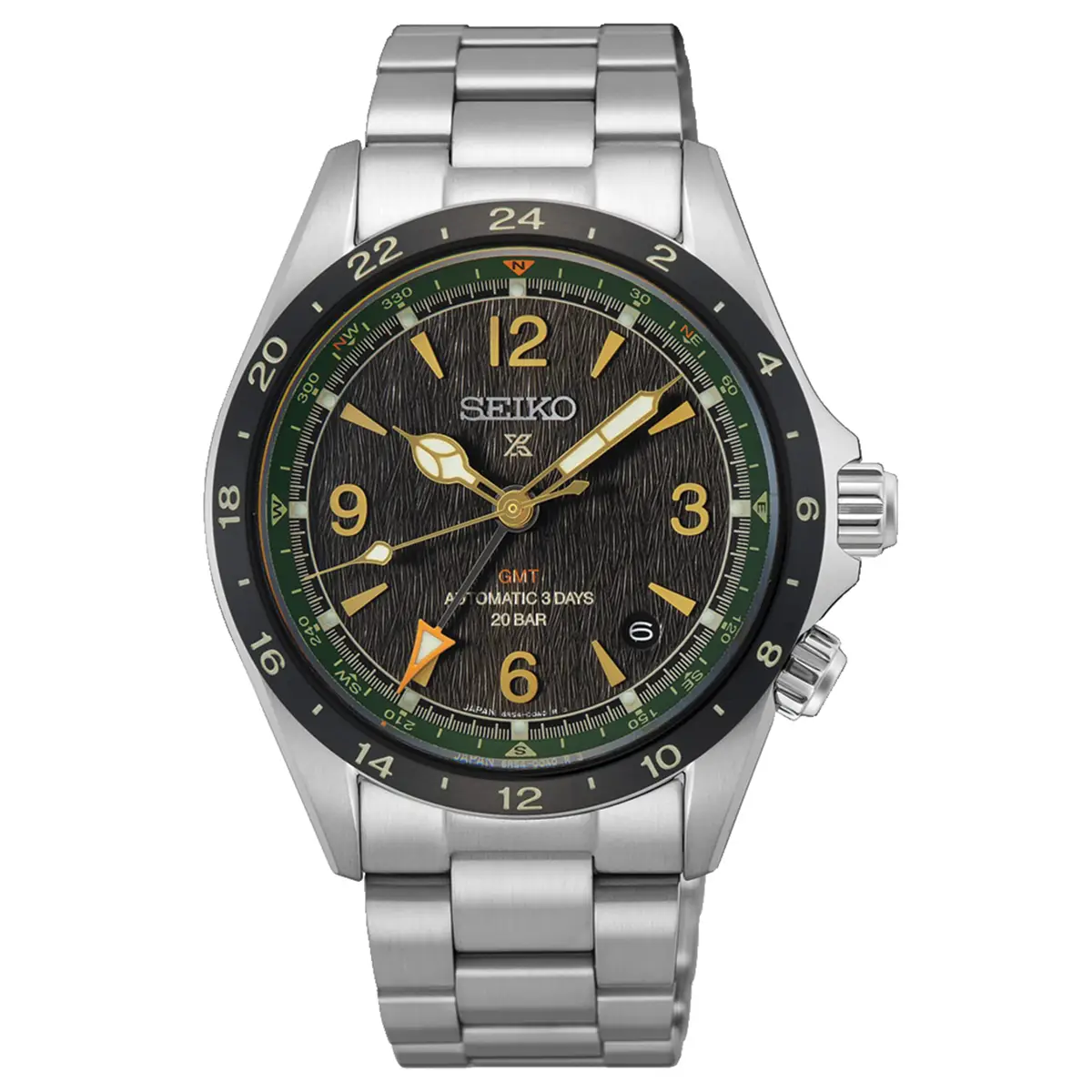 Đồng hồ Seiko Prospex Alpinist GMT Asia Exclusive Limited Edition SPB493 (SPB493J1) với mặt số màu đen. Dây đeo bằng thép và da. Thân vỏ bằng thép.