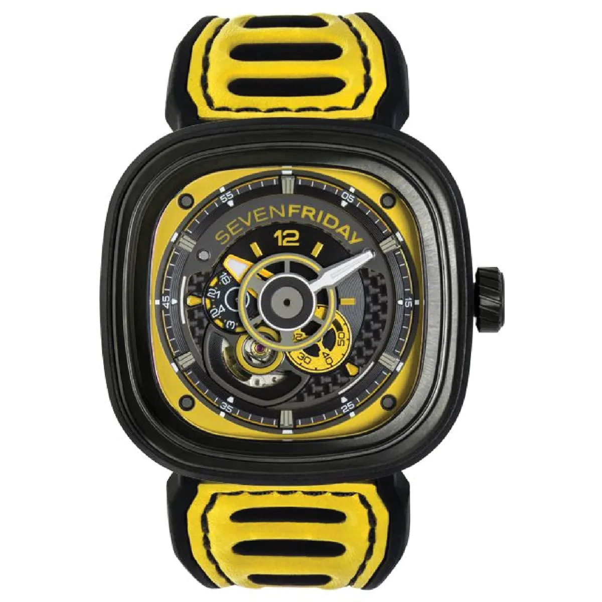 Đồng hồ SevenFriday P-Series | P3B/03 "Racing Team" với mặt số màu vàng. Dây đeo bằng da. Thân vỏ bằng thép.