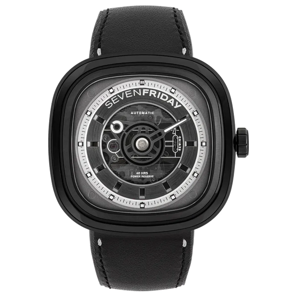 Đồng hồ SevenFriday T-Series | T1/04 "Black T" với mặt số màu đen. Dây đeo bằng da. Thân vỏ bằng thép.