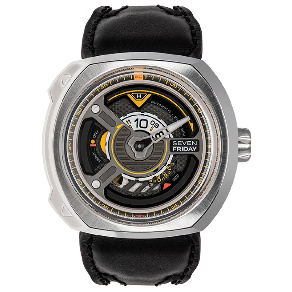 Đồng hồ SevenFriday W-Series | W1/01 “The Blade” với mặt số màu đen. Dây đeo bằng da. Thân vỏ bằng thép.