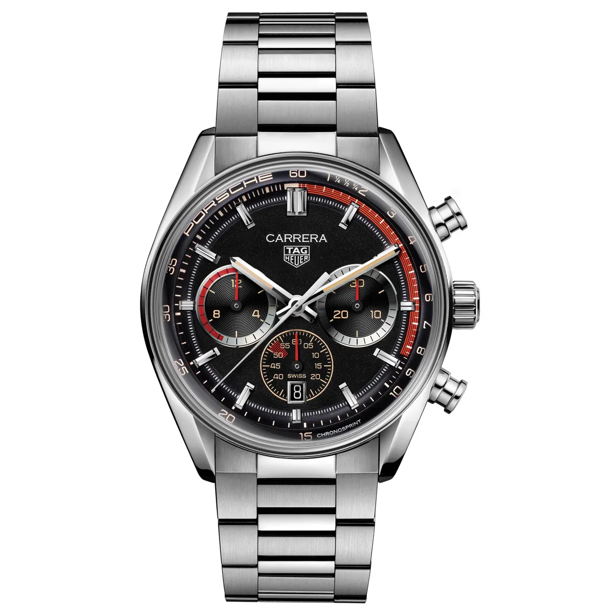 Đồng hồ Tag Heuer Carrera Chronosprint X Porsche Rallye Limited Edition CBS2015.EB0381 với mặt số màu đen. Dây đeo bằng thép và cao su. Thân vỏ bằng thép.