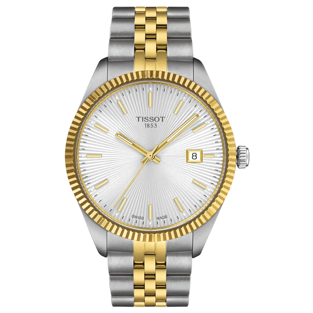 Đồng hồ Tissot Ballade 40MM T156.410.22.031.00 với mặt số màu bạc. Dây đeo bằng thép mạ demi PVD yellow gold. Thân vỏ bằng thép mạ demi PVD yellow gold.