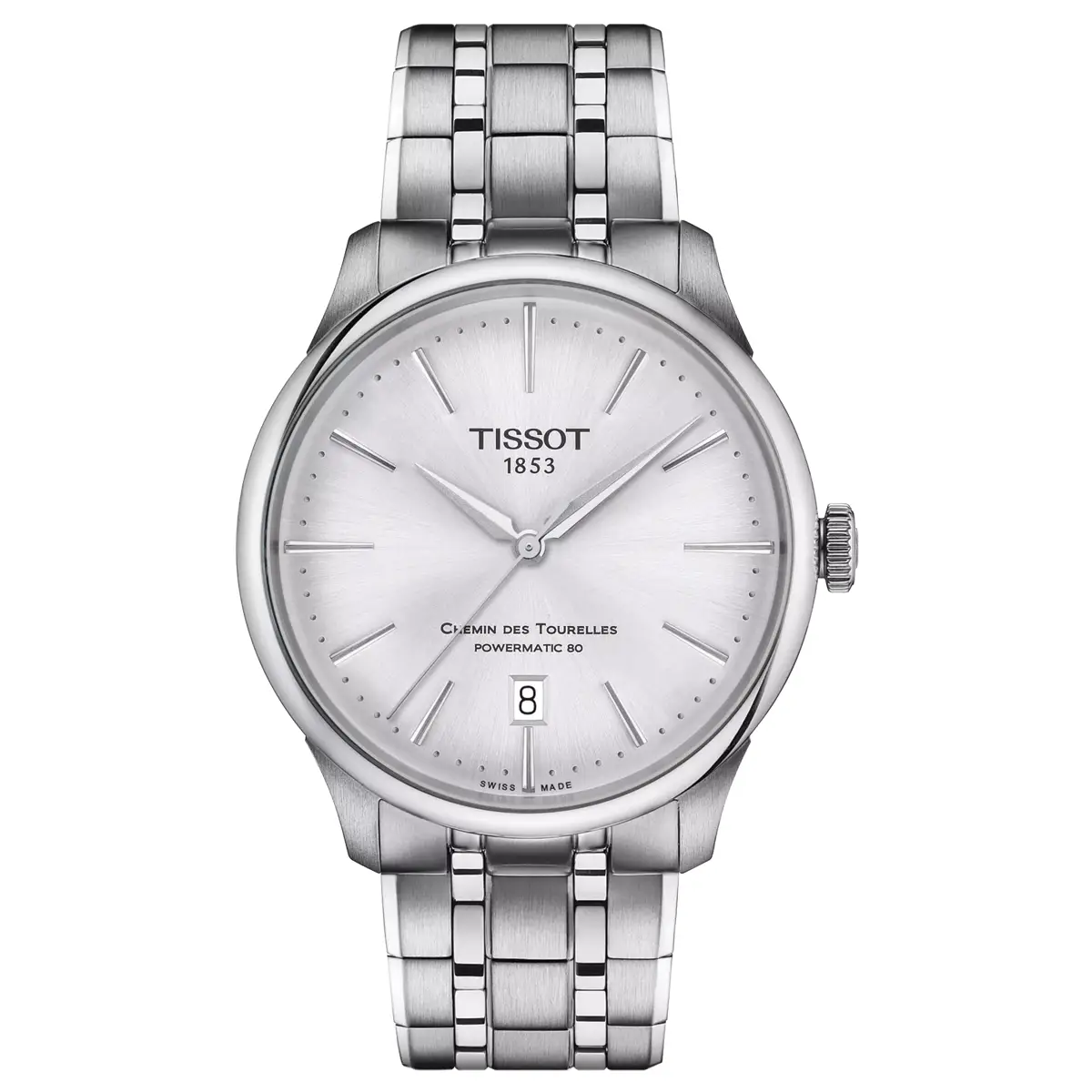 Đồng hồ Tissot Chemin Des Tourelles Powermatic 80 T139.807.11.031.00 với mặt số màu bạc. Dây đeo bằng thép. Thân vỏ bằng thép.