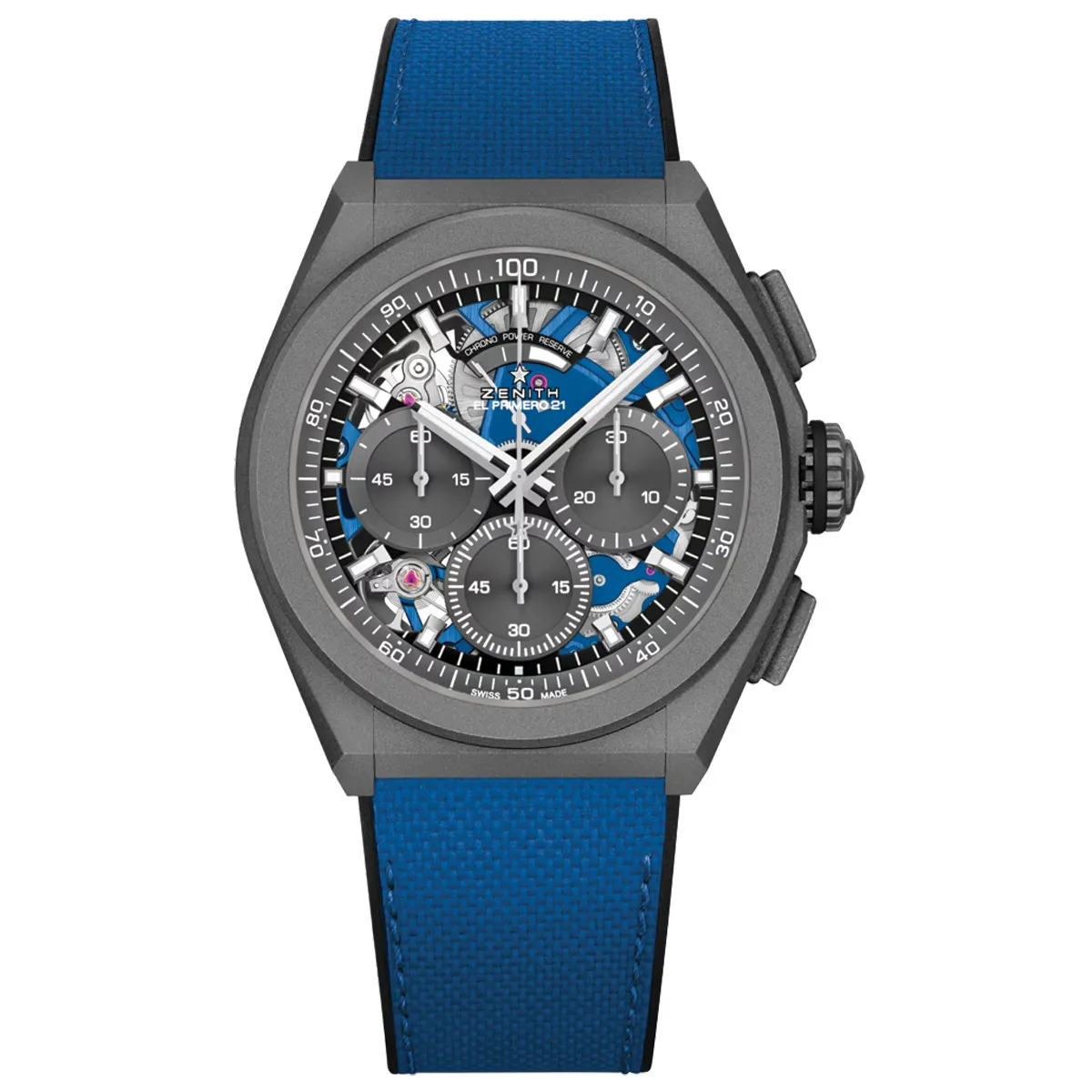 Đồng hồ Zenith Defy 21 Ultrablue 97.9001.9004/81.R946 với mặt số màu xám. Dây đeo bằng cao su. Thân vỏ bằng titanium.