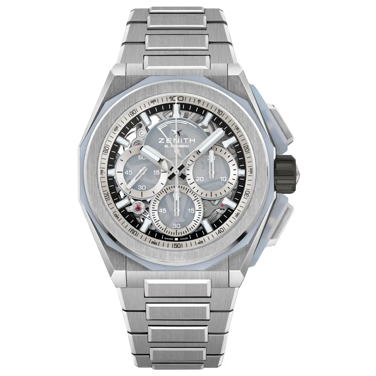 Đồng hồ Zenith Defy Extreme Glacier Boutique Edition 95.9201.9004/25.I001 với mặt số màu bạc. Dây đeo bằng titanium và cao su. Thân vỏ bằng titanium.