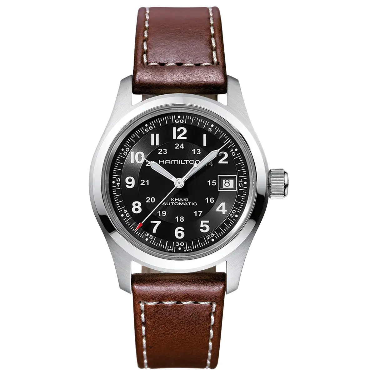 Đồng hồ Hamilton Khaki Field Automatic H70455533 với mặt số màu đen. Dây đeo bằng da. Thân vỏ bằng thép.