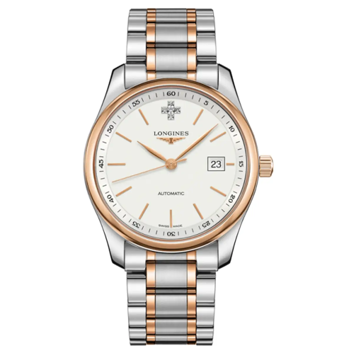 Đồng hồ Long Master Collections Swiss Edition Automatic L2.793.5.99.7 với mặt số màu bạc. Dây đeo bằng thép demi bọc vàng 18K. Thân vỏ bằng thép demi bọc vàng 18K.