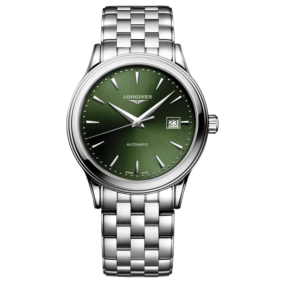 Đồng hồ Longines Flagship Automatic L4.984.4.02.6 với mặt số màu xanh. Dây đeo bằng thép. Thân vỏ bằng thép.